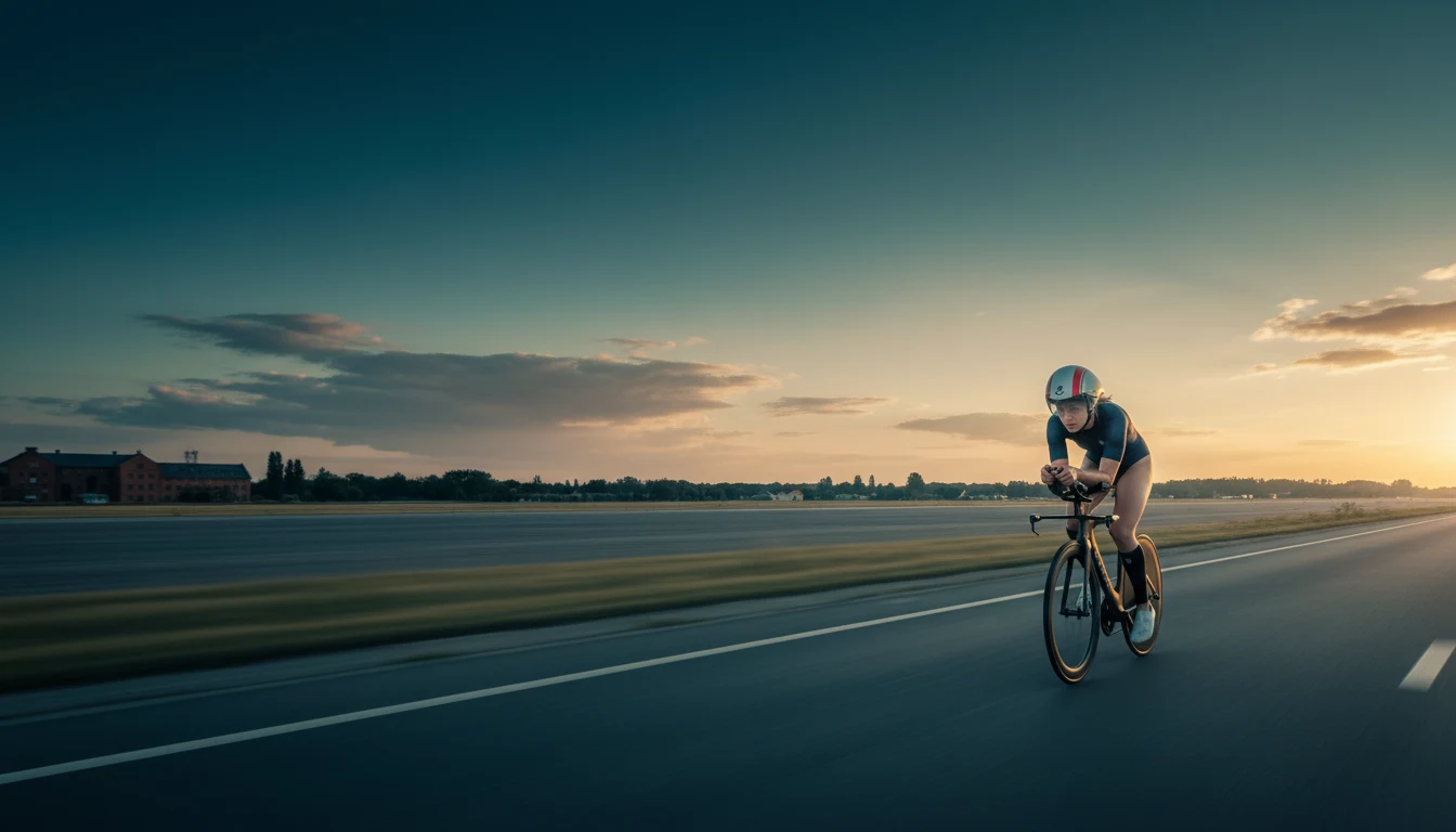 Zoe Barossi in front of the Berlin skyline with the TV tower at dusk, wearing a triathlon suit